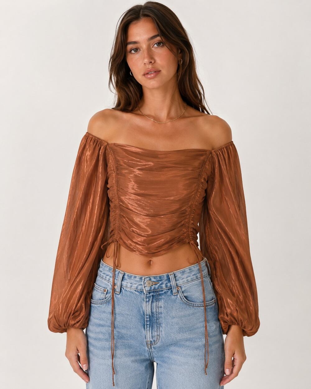 New Line & Dot Revolve Top, Off The Shoulder Rusched Arm Top, Size Large